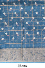 Blue checked floral design marsh mellow saree with self zari border and matching blouse