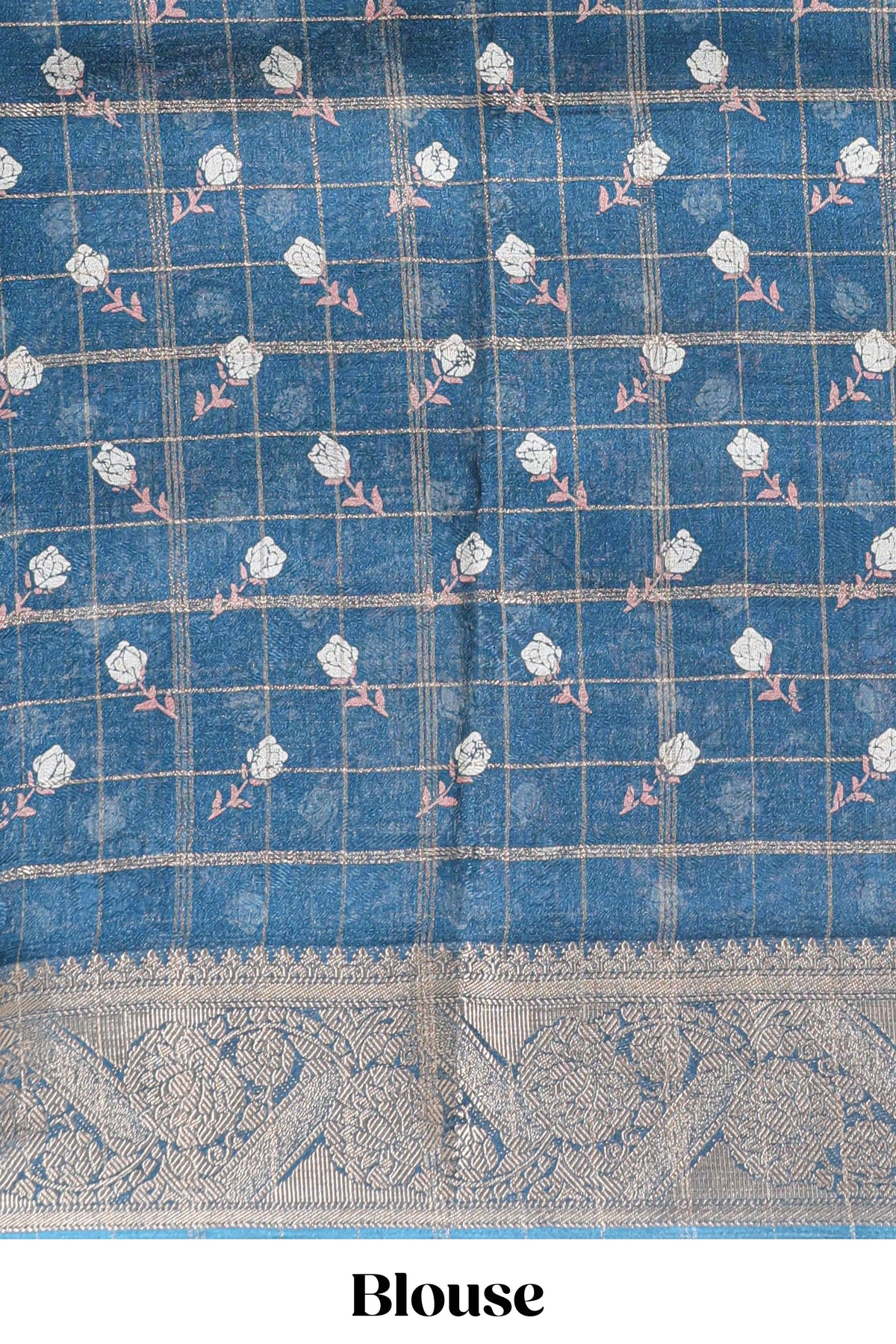 Blue checked floral design marsh mellow saree with self zari border and matching blouse