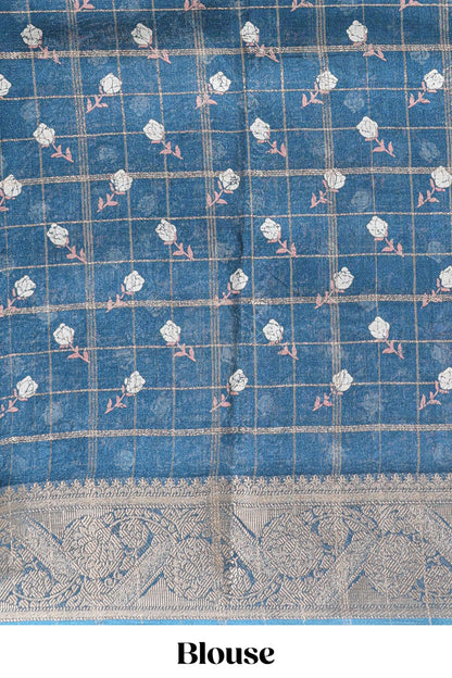 Blue checked floral design marsh mellow saree with self zari border and matching blouse