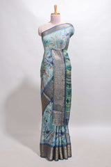 Green butterfly & floral design marsh mellow saree with contrast zari border and blouse