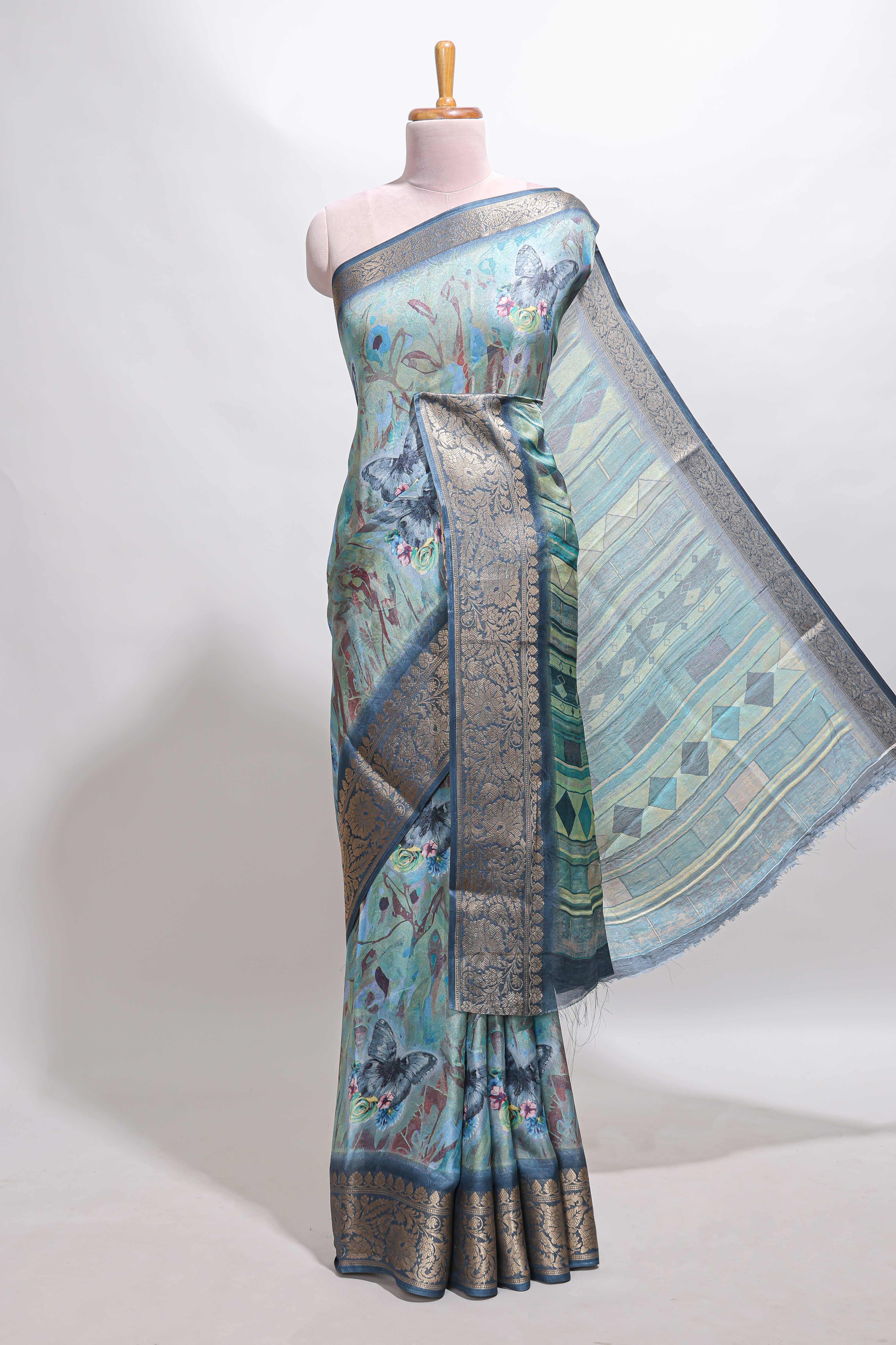 Green butterfly & floral design marsh mellow saree with contrast zari border and blouse