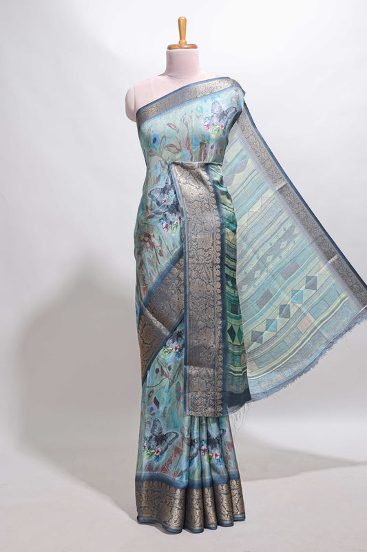 Green butterfly & floral design marsh mellow saree with contrast zari border and blouse