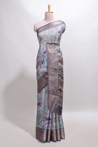 Lavender butterfly & floral design marsh mellow saree with contrast zari border and contrast blouse