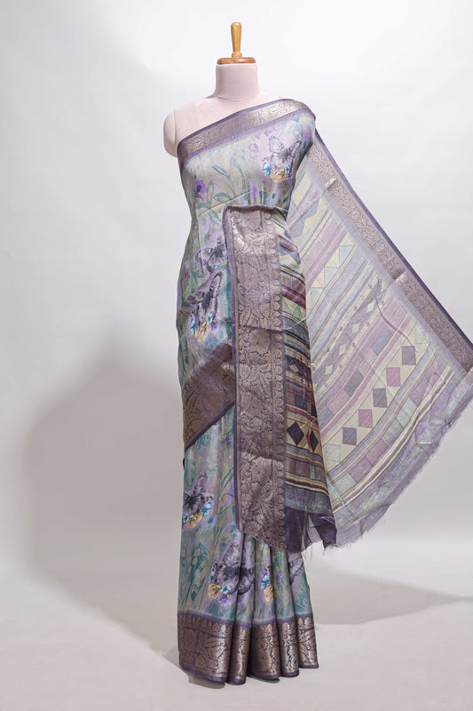 Lavender butterfly & floral design marsh mellow saree with contrast zari border and contrast blouse
