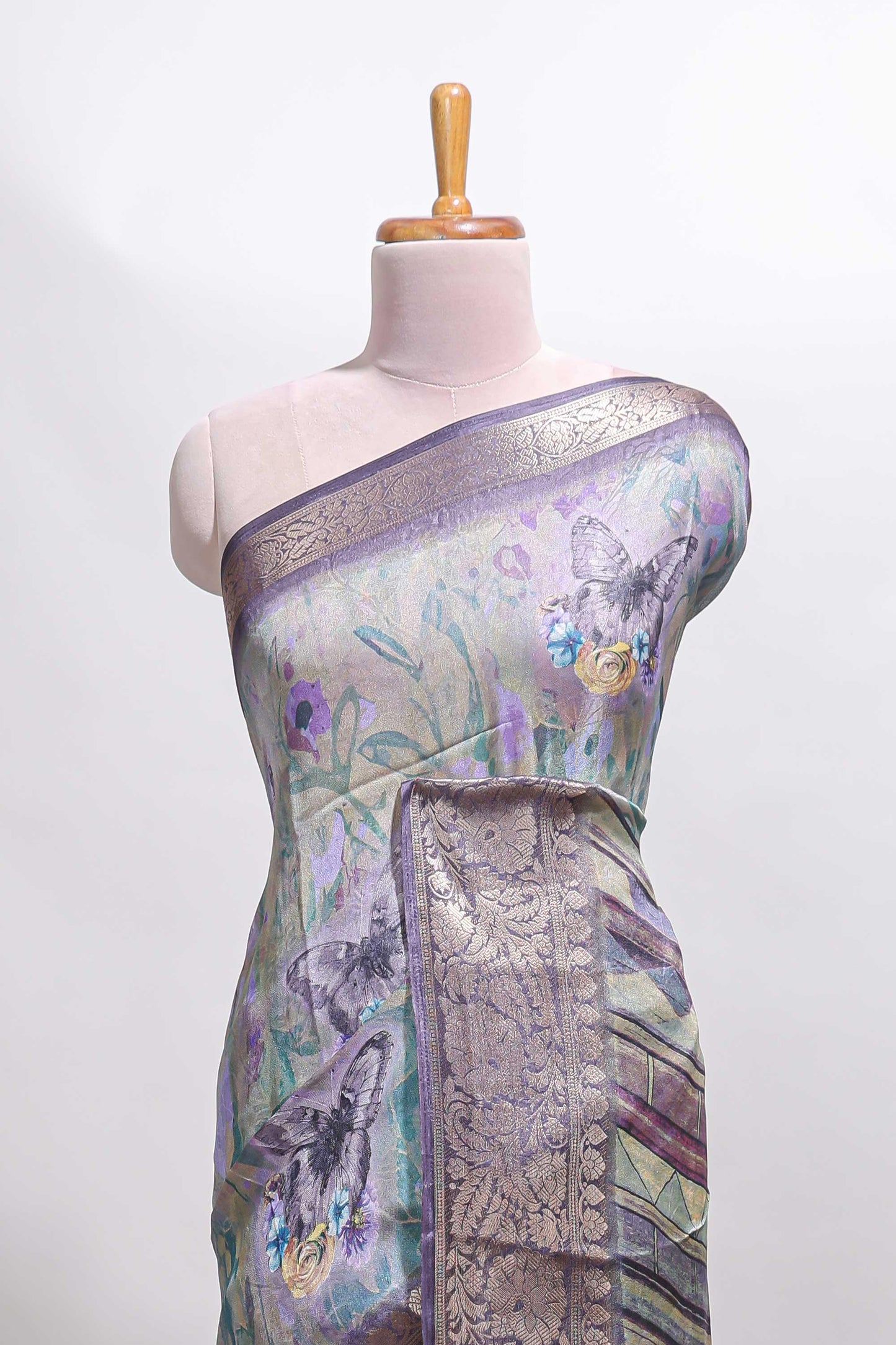 Lavender butterfly & floral design marsh mellow saree with contrast zari border and contrast blouse