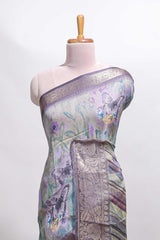 Lavender butterfly & floral design marsh mellow saree with contrast zari border and contrast blouse
