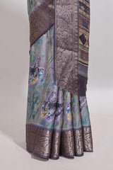 Lavender butterfly & floral design marsh mellow saree with contrast zari border and contrast blouse