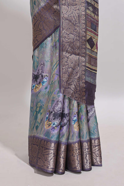 Lavender butterfly & floral design marsh mellow saree with contrast zari border and contrast blouse