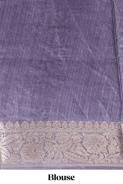 Lavender butterfly & floral design marsh mellow saree with contrast zari border and contrast blouse