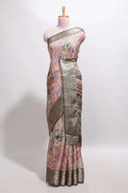 Pink butterfly & floral design marsh mellow saree with contrast zari border and contrast blouse