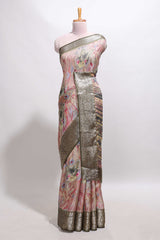 Pink butterfly & floral design marsh mellow saree with contrast zari border and contrast blouse