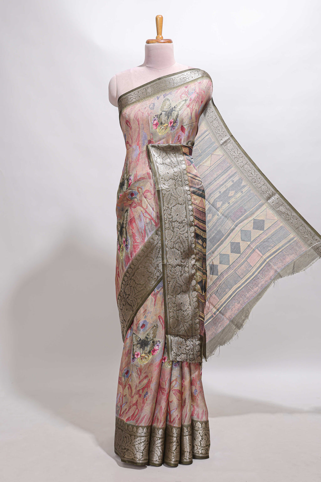 Pink butterfly & floral design marsh mellow saree with contrast zari border and contrast blouse