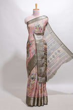 Pink butterfly & floral design marsh mellow saree with contrast zari border and contrast blouse