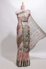 Pink butterfly & floral design marsh mellow saree with contrast zari border and contrast blouse