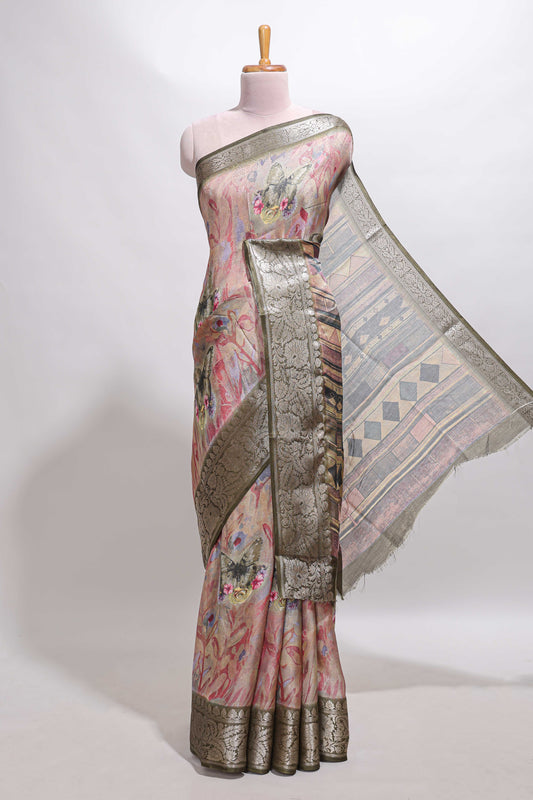 Pink butterfly & floral design marsh mellow saree with contrast zari border and contrast blouse