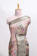 Pink butterfly & floral design marsh mellow saree with contrast zari border and contrast blouse