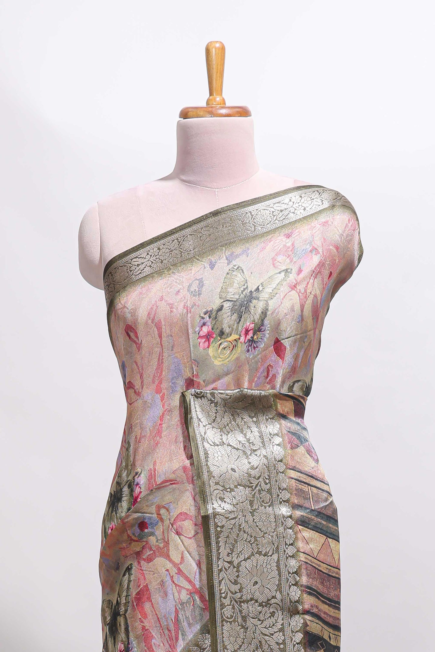 Pink butterfly & floral design marsh mellow saree with contrast zari border and contrast blouse