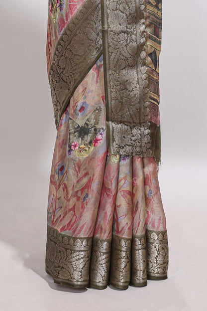 Pink butterfly & floral design marsh mellow saree with contrast zari border and contrast blouse