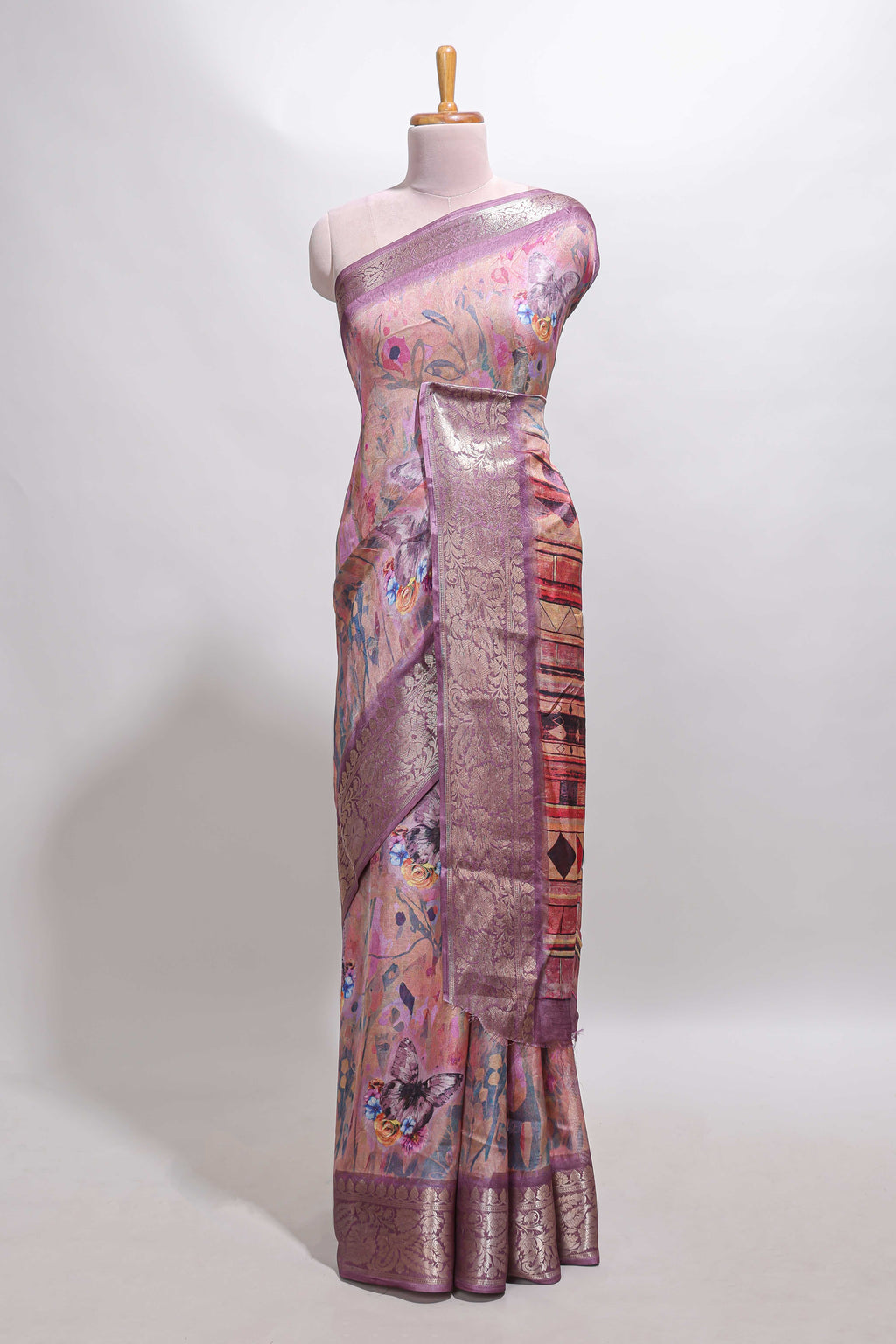 Rose pink butterfly & floral design marsh mellow saree with contrast zari border and contrast blouse