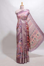 Rose pink butterfly & floral design marsh mellow saree with contrast zari border and contrast blouse