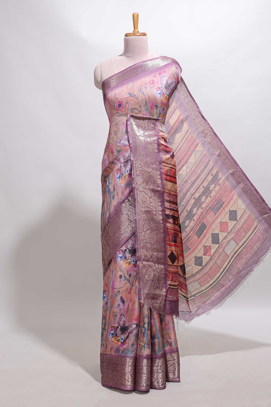 Rose pink butterfly & floral design marsh mellow saree with contrast zari border and contrast blouse