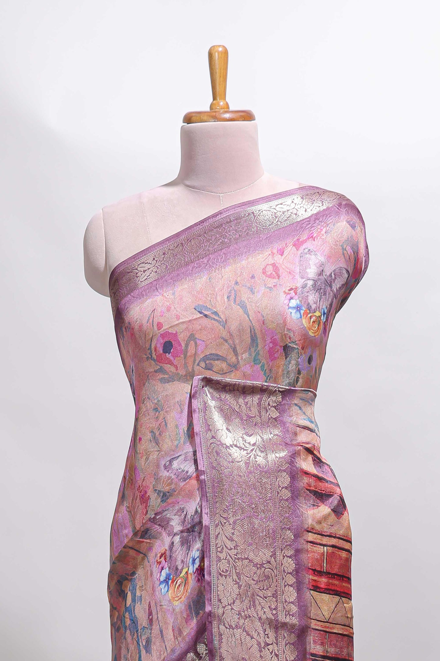 Rose pink butterfly & floral design marsh mellow saree with contrast zari border and contrast blouse