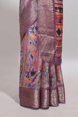 Rose pink butterfly & floral design marsh mellow saree with contrast zari border and contrast blouse