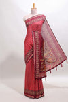 Maroon chevron print marsh mellow saree with contrast zari border and contrast blouse