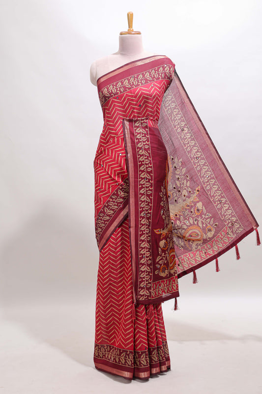 Maroon chevron print marsh mellow saree with contrast zari border and contrast blouse