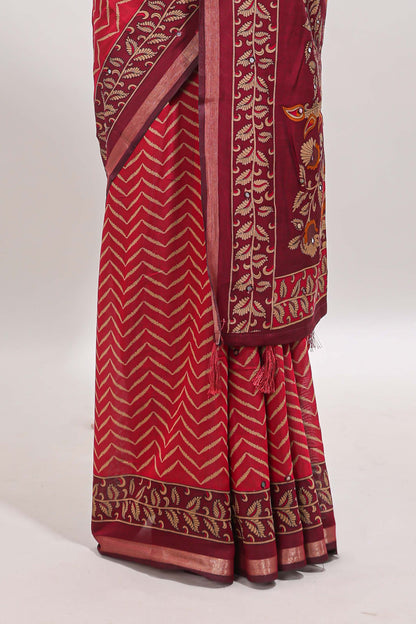 Maroon chevron print marsh mellow saree with contrast zari border and contrast blouse