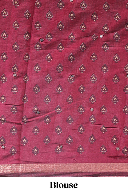 Maroon chevron print marsh mellow saree with contrast zari border and contrast blouse