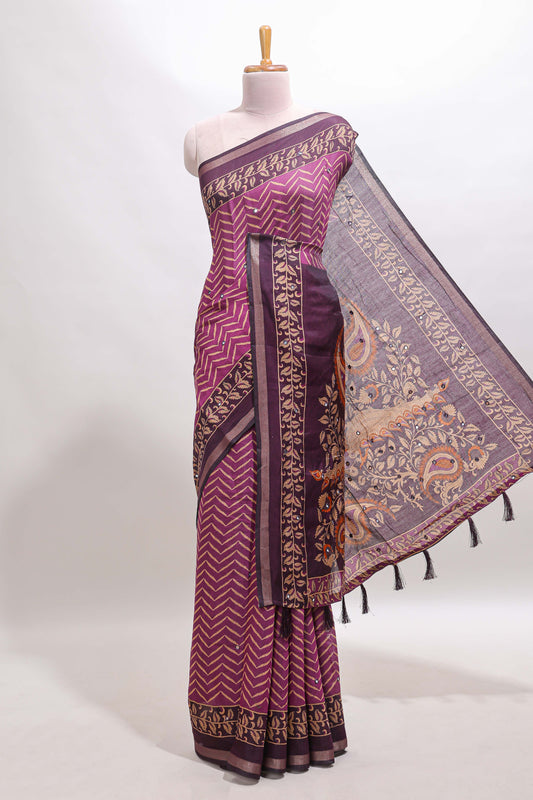 Purple chevron print marsh mellow saree with contrast zari border and contrast blouse