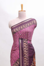 Purple chevron print marsh mellow saree with contrast zari border and contrast blouse