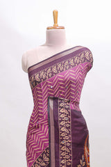 Purple chevron print marsh mellow saree with contrast zari border and contrast blouse