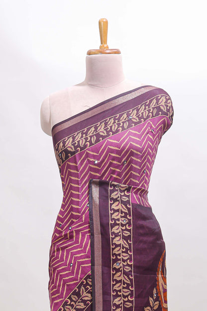 Purple chevron print marsh mellow saree with contrast zari border and contrast blouse