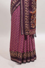 Purple chevron print marsh mellow saree with contrast zari border and contrast blouse
