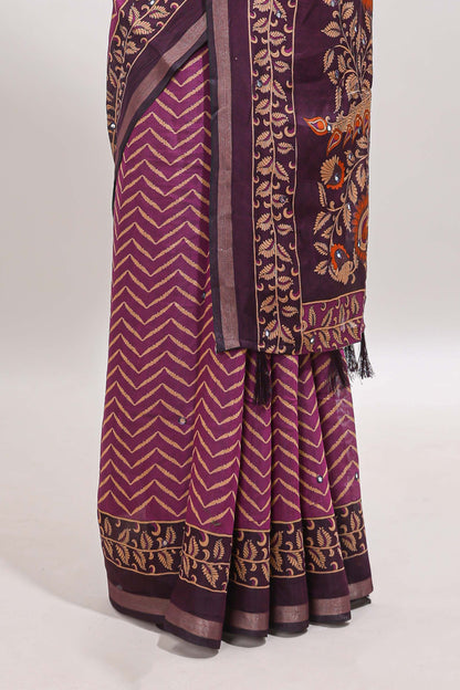 Purple chevron print marsh mellow saree with contrast zari border and contrast blouse