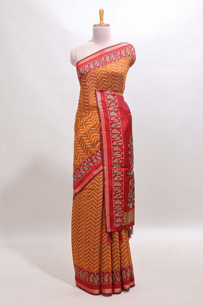 Mustard yellow chevron print marsh mellow saree with contrast zari border and contrast blouse