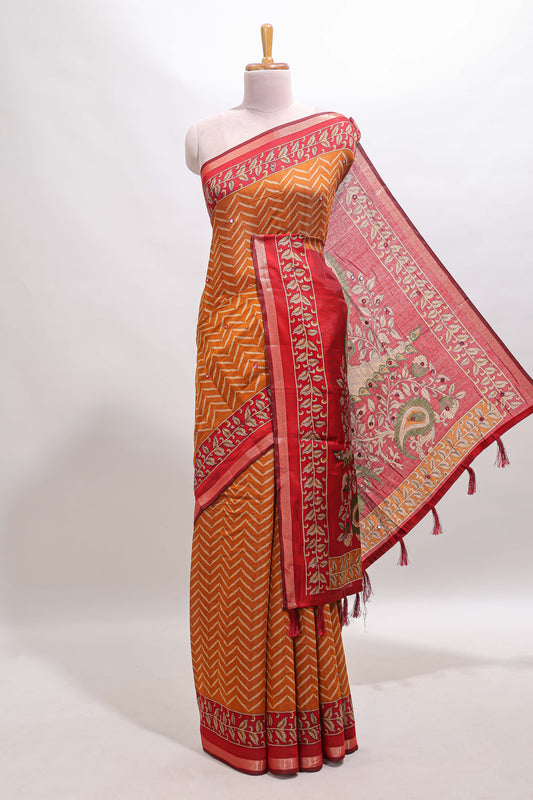 Mustard yellow chevron print marsh mellow saree with contrast zari border and contrast blouse