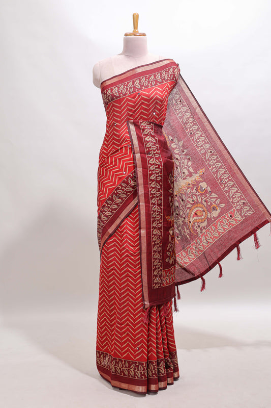 Red chevron print marsh mellow saree with contrast zari border and contrast blouse