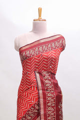 Red chevron print marsh mellow saree with contrast zari border and contrast blouse