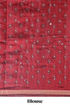 Red chevron print marsh mellow saree with contrast zari border and contrast blouse