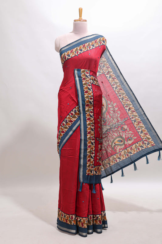 Maroon marsh mellow saree featuring mirror embroidery, contrast floral printed border & blouse
