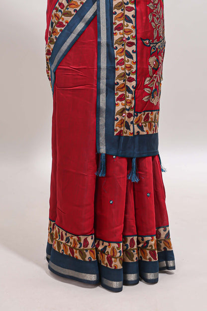 Maroon marsh mellow saree featuring mirror embroidery, contrast floral printed border & blouse