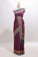 Purple marsh mellow saree featuring mirror embroidery, contrast floral printed border & blouse