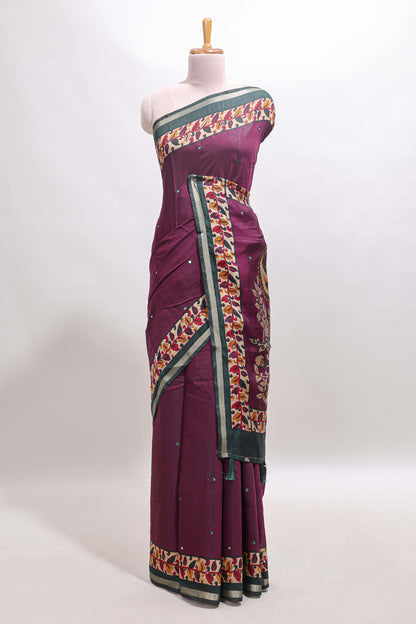Purple marsh mellow saree featuring mirror embroidery, contrast floral printed border & blouse