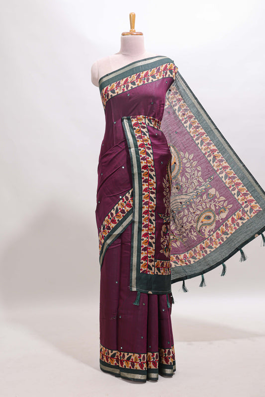 Purple marsh mellow saree featuring mirror embroidery, contrast floral printed border & blouse
