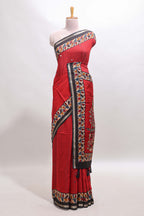 Red marsh mellow saree featuring mirror embroidery, contrast floral printed border & blouse