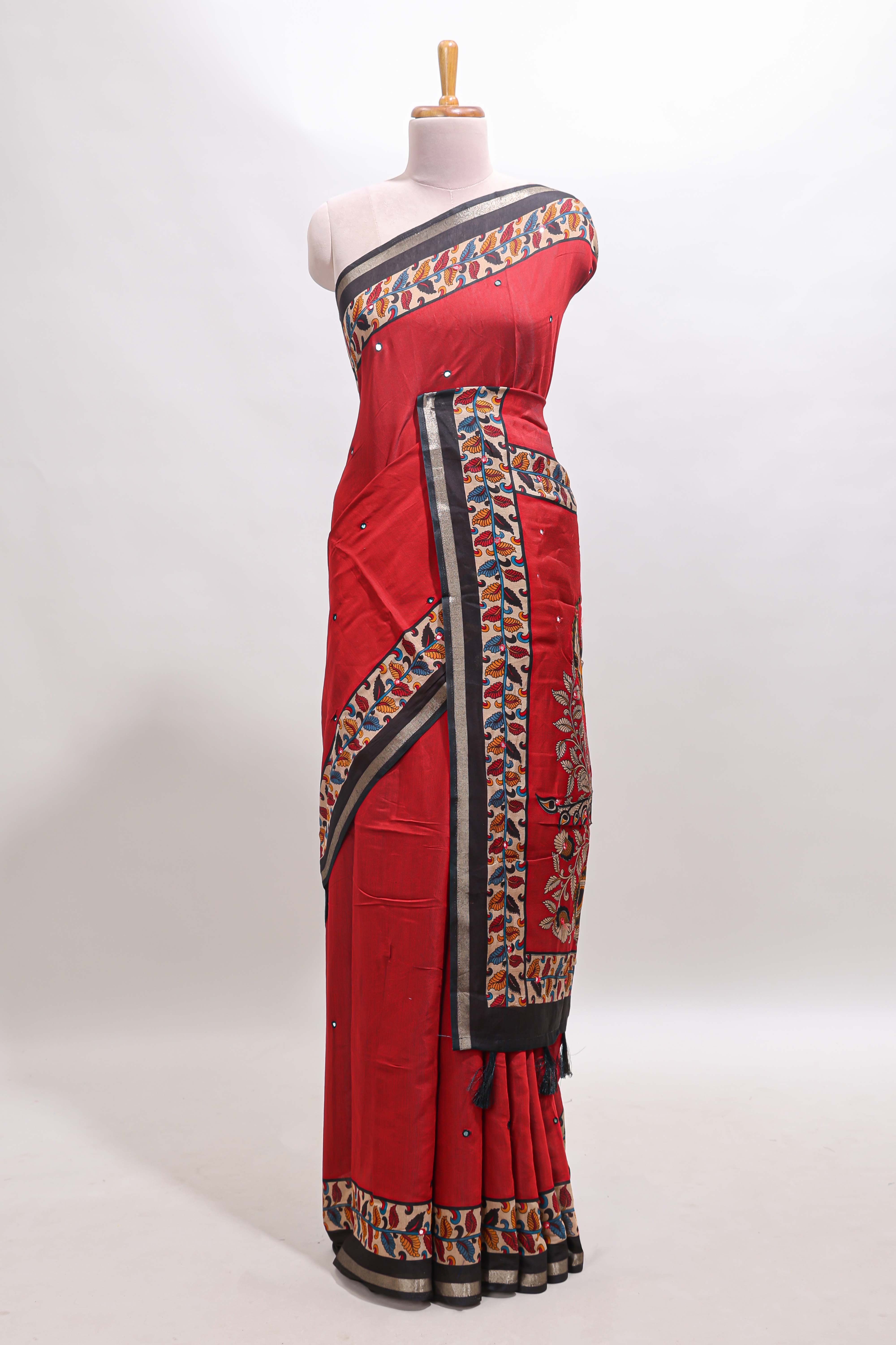 Red marsh mellow saree featuring mirror embroidery, contrast floral printed border & blouse
