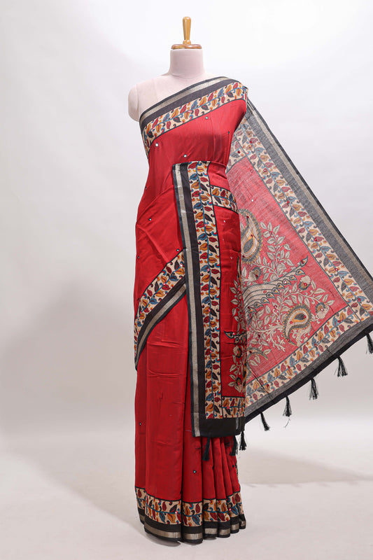 Red marsh mellow saree featuring mirror embroidery, contrast floral printed border & blouse